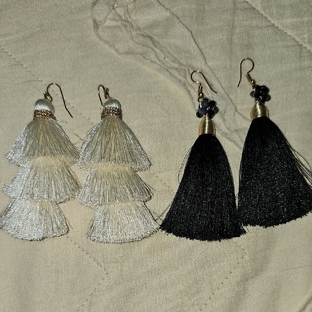 Cream And Black Tassel Earrings Statement Jewelry